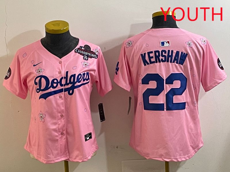 Youth Los Angeles Dodgers #22 Kershaw Pink White Blue Sakura Edition 2025 Nike MLB Jersey style 6->youth mlb jersey->Youth Jersey